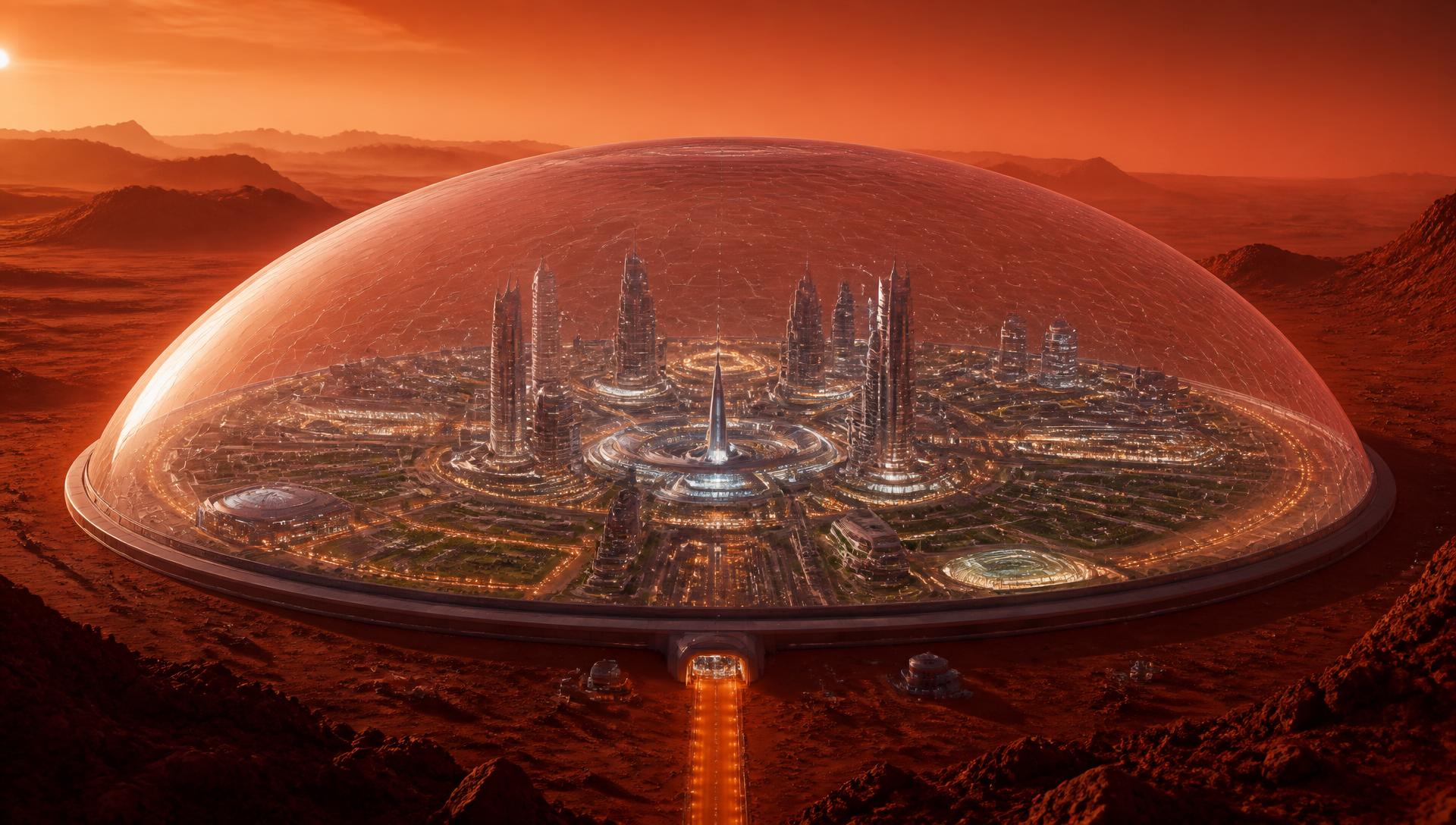 Futuristic Mars civilization under a crystal dome